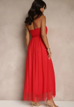 Czerwona Sukienka Koktajlowa Ozdobiona Tiulowym Materiałem Deviora