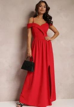 Czerwona Sukienka Koktajlowa z Głębokim Dekoltem Maxi Gelfe