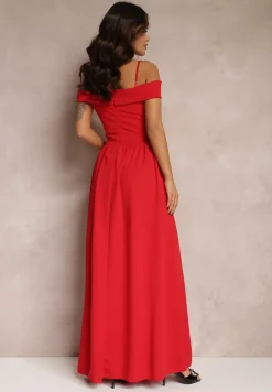 Czerwona Sukienka Koktajlowa z Głębokim Dekoltem Maxi Gelfe
