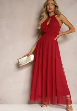 Czerwona Sukienka Koktajlowa z Siateczką Wiązana Materiałowym Paskiem ze Stójką Nestassi