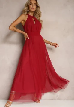 Czerwona Sukienka Koktajlowa z Siateczką Wiązana Materiałowym Paskiem ze Stójką Nestassi