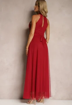 Czerwona Sukienka Koktajlowa z Siateczką Wiązana Materiałowym Paskiem ze Stójką Nestassi