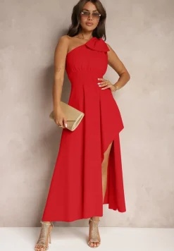 Czerwona Sukienka Koktajlowa o Asymetrycznym Kroju na Jedno Ramię Ozdobiona Kokardą Vimorissa