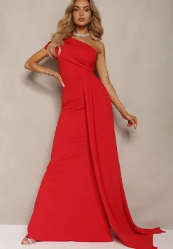 Czerwona Sukienka Maxi bez Ramiączek z Ozdobnym Trenem i Marszczeniem Kaliel