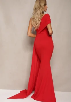 Czerwona Sukienka Maxi bez Ramiączek z Ozdobnym Trenem i Marszczeniem Kaliel