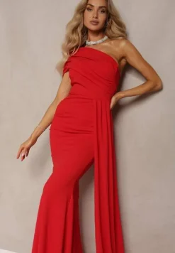 Czerwona Sukienka Maxi bez Ramiączek z Ozdobnym Trenem i Marszczeniem Kaliel