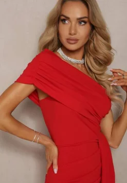 Czerwona Sukienka Maxi bez Ramiączek z Ozdobnym Trenem i Marszczeniem Kaliel