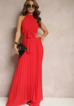 Czerwona Sukienka Maxi bez Rękawów z Gumką w Talii z Plisowanej Tkaniny Pesstia