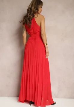 Czerwona Sukienka Maxi bez Rękawów z Gumką w Talii z Plisowanej Tkaniny Pesstia