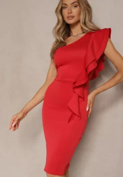 Czerwona Sukienka na Jedno Ramię z Falbaną Lenoska