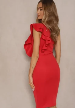 Czerwona Sukienka na Jedno Ramię z Falbaną Lenoska