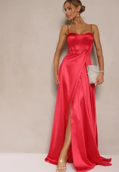 Czerwona Sukienka na Ramiączkach o Rozkloszowanym Kroju z Wiązaniem na Plecach Katirione