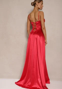 Czerwona Sukienka na Ramiączkach o Rozkloszowanym Kroju z Wiązaniem na Plecach Katirione