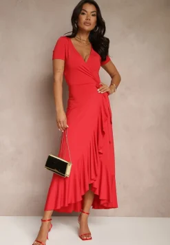 Czerwona Sukienka o Kopertowym Fasonie z Falbankami Zleffia