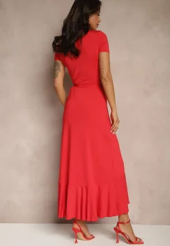 Czerwona Sukienka o Kopertowym Fasonie z Falbankami Zleffia