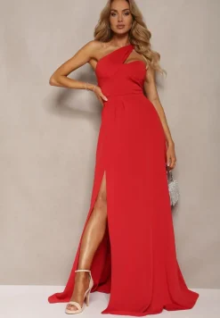 Czerwona Sukienka o Rozkloszowanym Kroju na Jedno Ramię z Głębokim Rozcięciem Efiela