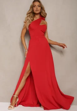 Czerwona Sukienka o Rozkloszowanym Kroju na Jedno Ramię z Głębokim Rozcięciem Efiela