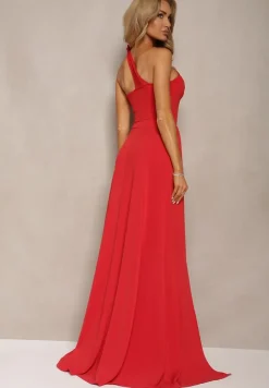 Czerwona Sukienka o Rozkloszowanym Kroju na Jedno Ramię z Głębokim Rozcięciem Efiela