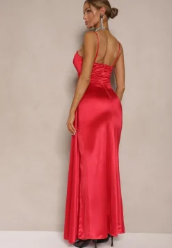 Czerwona Sukienka Satynowa z Marszczeniem i Ozdobnym Trenem Katiriva
