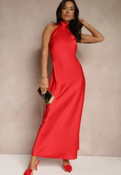Czerwona Sukienka Satynowa z Dekoltem Halter i Odkrytymi Plecami Belas