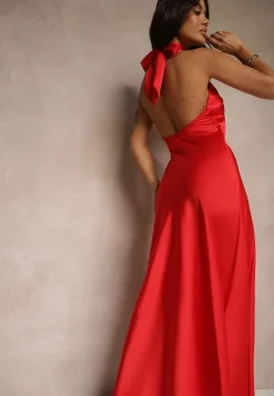 Czerwona Sukienka Satynowa z Dekoltem Halter i Odkrytymi Plecami Belas