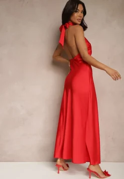 Czerwona Sukienka Satynowa z Dekoltem Halter i Odkrytymi Plecami Belas