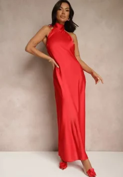 Czerwona Sukienka Satynowa z Dekoltem Halter i Odkrytymi Plecami Belas