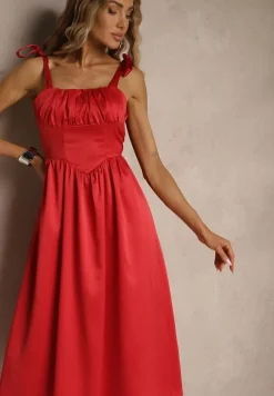 Czerwona Sukienka Vices o Rozkloszowanym Kroju z Wiązanymi Ramiączkami Natirise