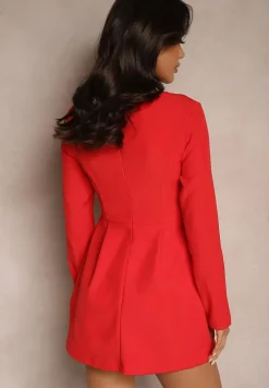 Czerwona Sukienka z Długim Rękawem i Kwadratowym Dekoltem o Lekko Rozkloszowanym Fasonie Finzemira