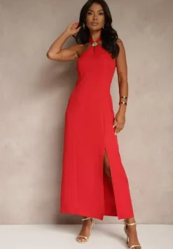 Czerwona Sukienka z Wiskozą z Dekoltem Halter i Ozdobną Broszką Naliannae