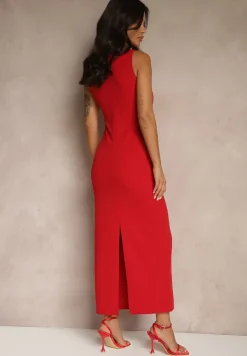 Czerwona Sukienka z Wiskozą o Dopasowanym Kroju z Marszczeniem Tilorrea