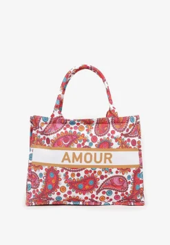 Czerwona Torebka Shopperka z Napisem i Wzorem Paisley Davirna