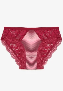 Czerwone Majtki Figi Ozdobione Wzorem w Paseczki i Koronką Olibia