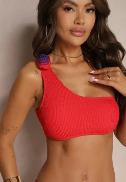 Czerwone Bikini 2-Częściowe Asymetryczny Stanik i Majtki z Aplikacjami Kwiatu Namsilea