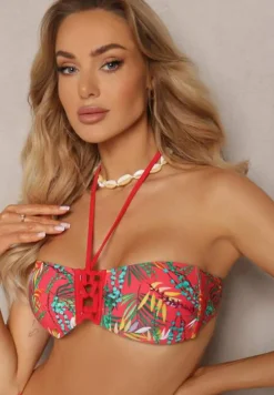 Czerwone Bikini Majtki Figi ze Sznurkami po Bokach i Usztywniany Biustonosz z Wiązaniem Natmarie
