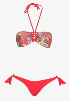 Czerwone Bikini Majtki Figi ze Sznurkami po Bokach i Usztywniany Biustonosz z Wiązaniem Natmarie