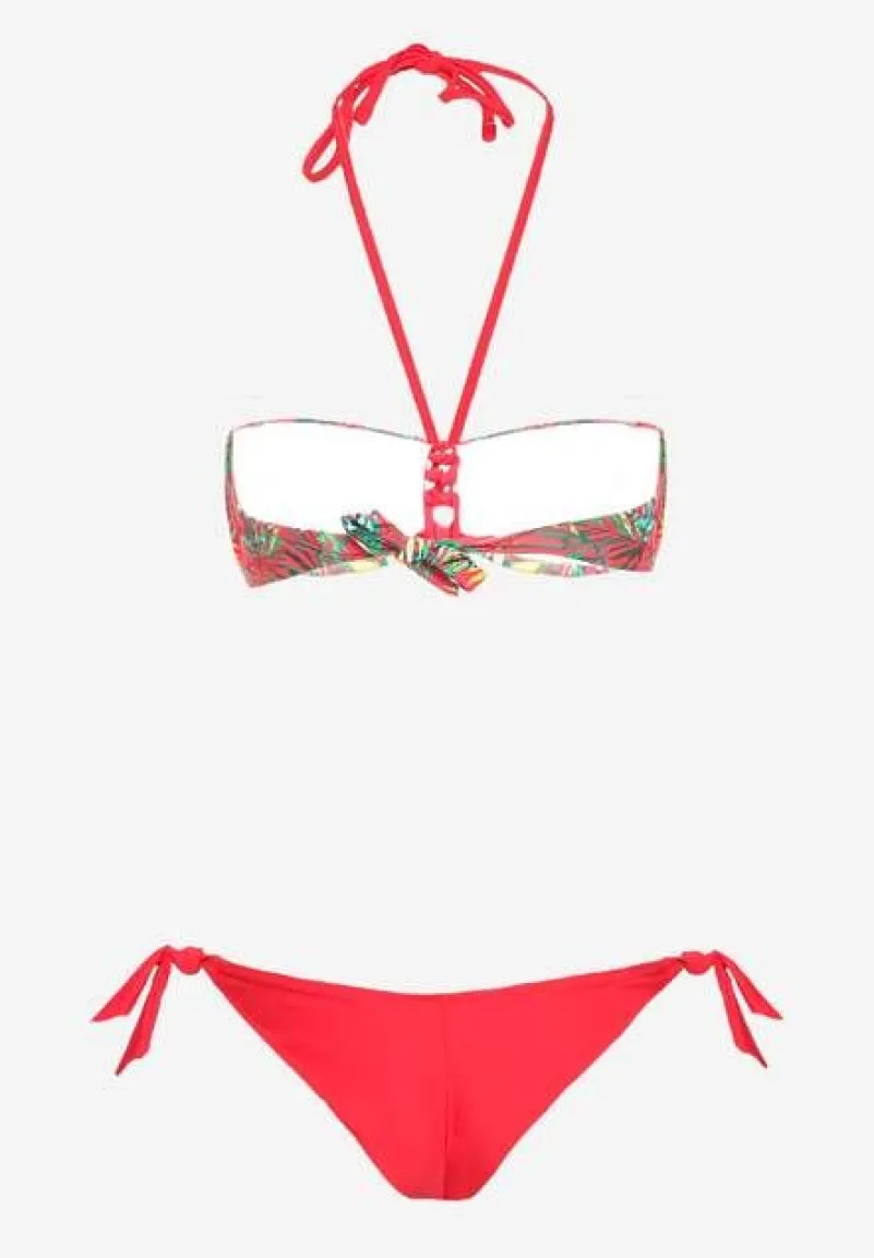 Czerwone Bikini Majtki Figi ze Sznurkami po Bokach i Usztywniany Biustonosz z Wiązaniem Natmarie