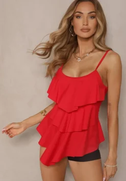 Czerwone Bikini Majtki w Stylu Szortów i Góra z Falbankami Kinerisela