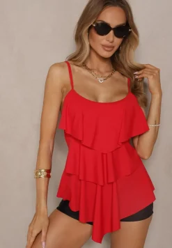 Czerwone Bikini Majtki w Stylu Szortów i Góra z Falbankami Kinerisela