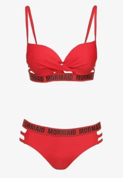Czerwone Bikini z Supełkiem na Biustonoszu z Ozdobnymi Paseczkami i Napisami Bibalia