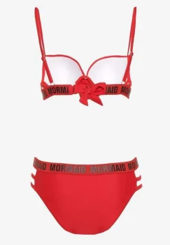 Czerwone Bikini z Supełkiem na Biustonoszu z Ozdobnymi Paseczkami i Napisami Bibalia