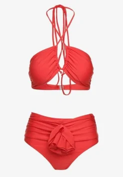 Czerwone 2-Częściowe Bikini Stanik Zapinany przy Szyi z Wiązaniem Figi z Wysokim Stanem Nanselian
