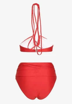 Czerwone 2-Częściowe Bikini Stanik Zapinany przy Szyi z Wiązaniem Figi z Wysokim Stanem Nanselian