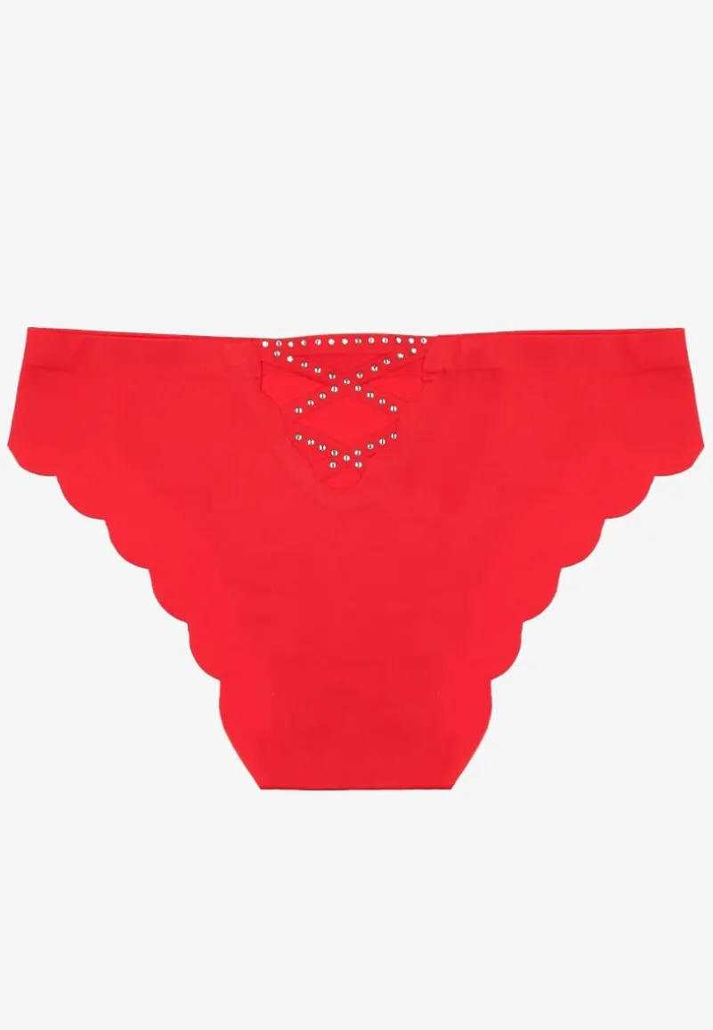 Czerwone Majtki Bezszwowe Ozdobione Cyrkoniami i Falbanką Pillissea