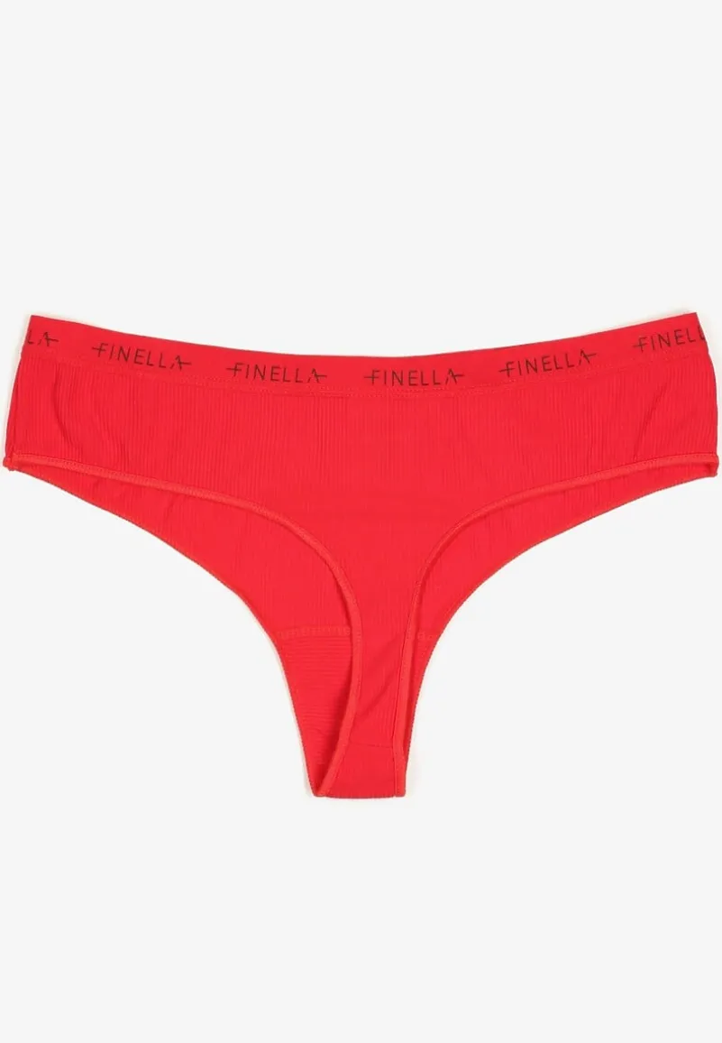 Czerwone Majtki Stringi z Prążkowanego Materiału Wykończone Napisem Briavia