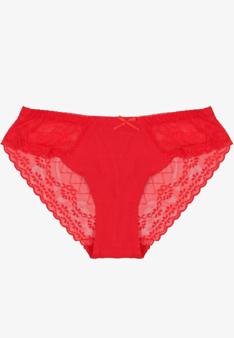 Czerwone Majtki Typu Figi z Bawełny Ozdobione Koronką Emmoi