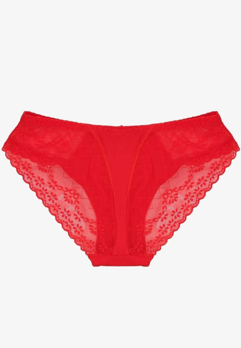 Czerwone Majtki Typu Figi z Bawełny Ozdobione Koronką Emmoi