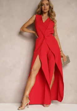 Czerwony Elegancki Kopertowy Kombinezon Zapinany na Suwak i Guzik Dimeera