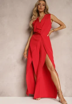 Czerwony Elegancki Kopertowy Kombinezon Zapinany na Suwak i Guzik Dimeera