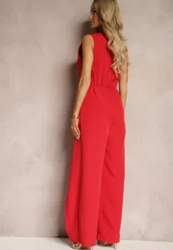 Czerwony Elegancki Kopertowy Kombinezon Zapinany na Suwak i Guzik Dimeera